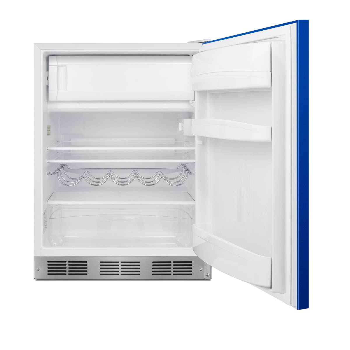 24 in. wide refrigerator-freezer for residential use with a cobalt blue door, stainless steel handle, and black cabinet